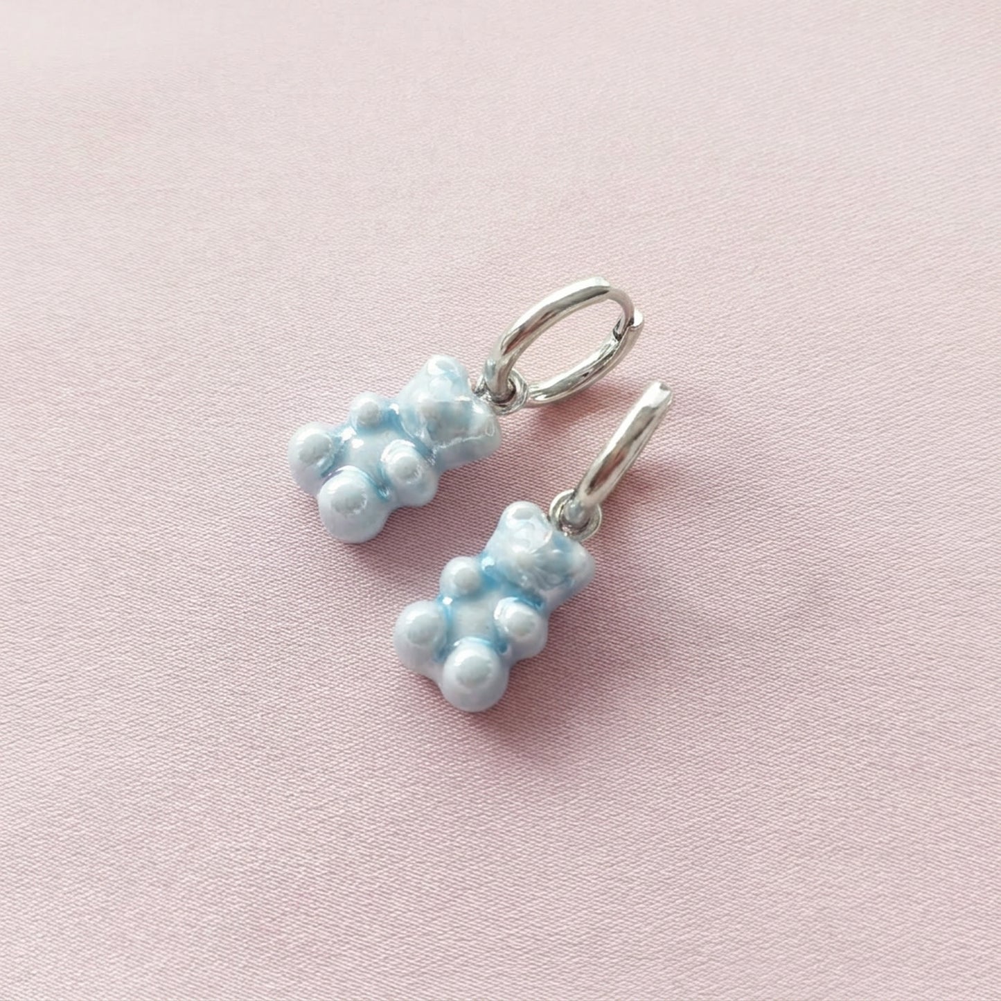 Baby Blue Porcelain Gummy Bear Earrings, Silver tone