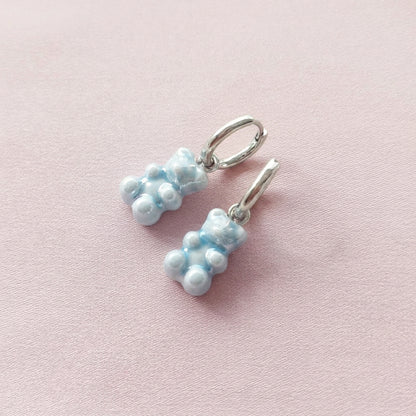 Baby Blue Porcelain Gummy Bear Earrings, Silver tone
