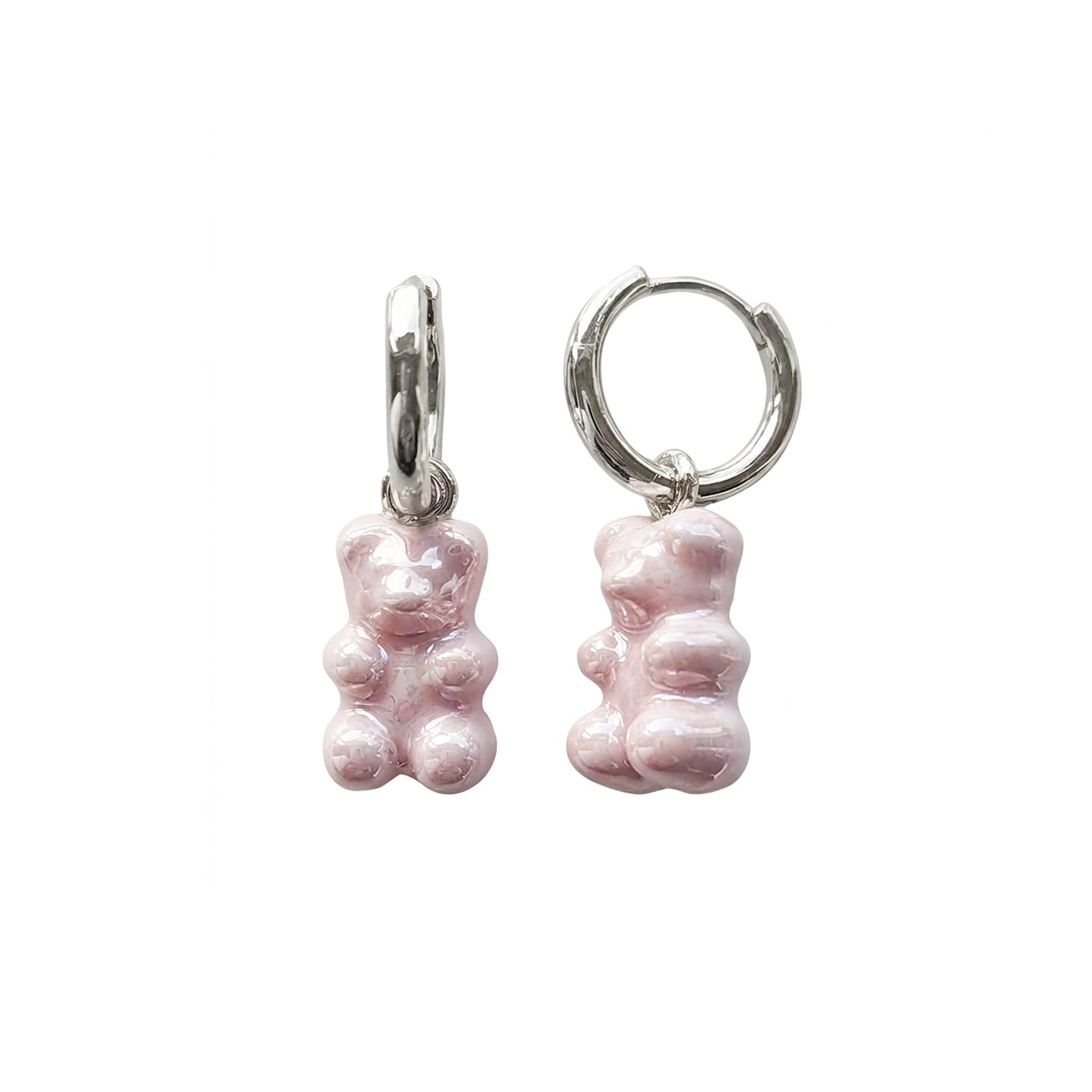 Sweet Pink Porcelain Gummy Bear Earrings, Silver Tone
