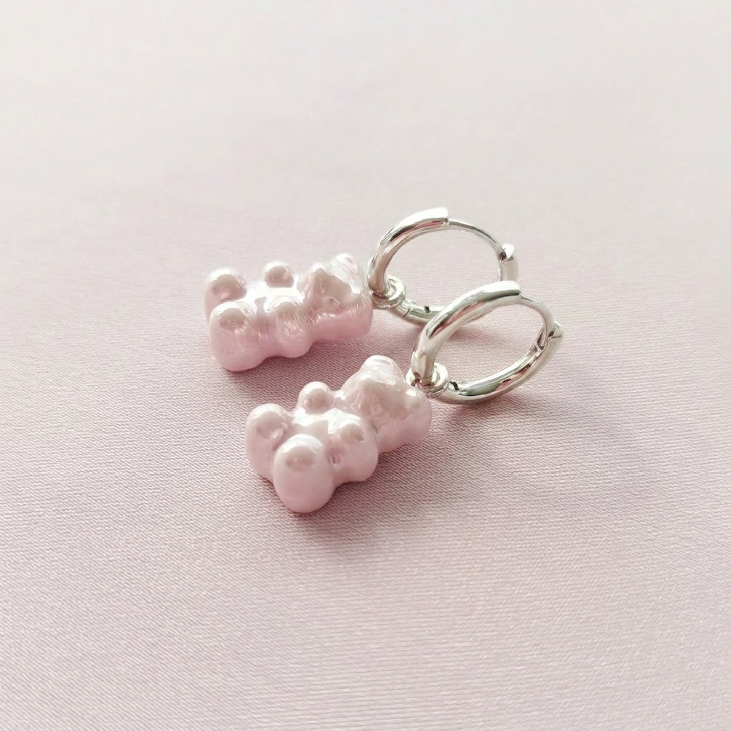 Sweet Pink Porcelain Gummy Bear Earrings, Silver Tone