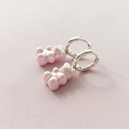 Sweet Pink Porcelain Gummy Bear Earrings, Silver Tone