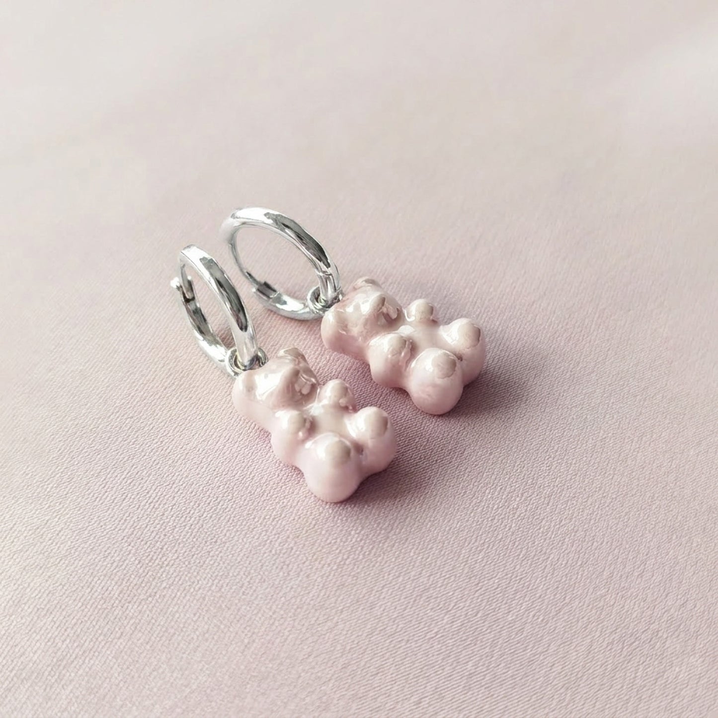 Sweet Pink Porcelain Gummy Bear Earrings, Silver Tone