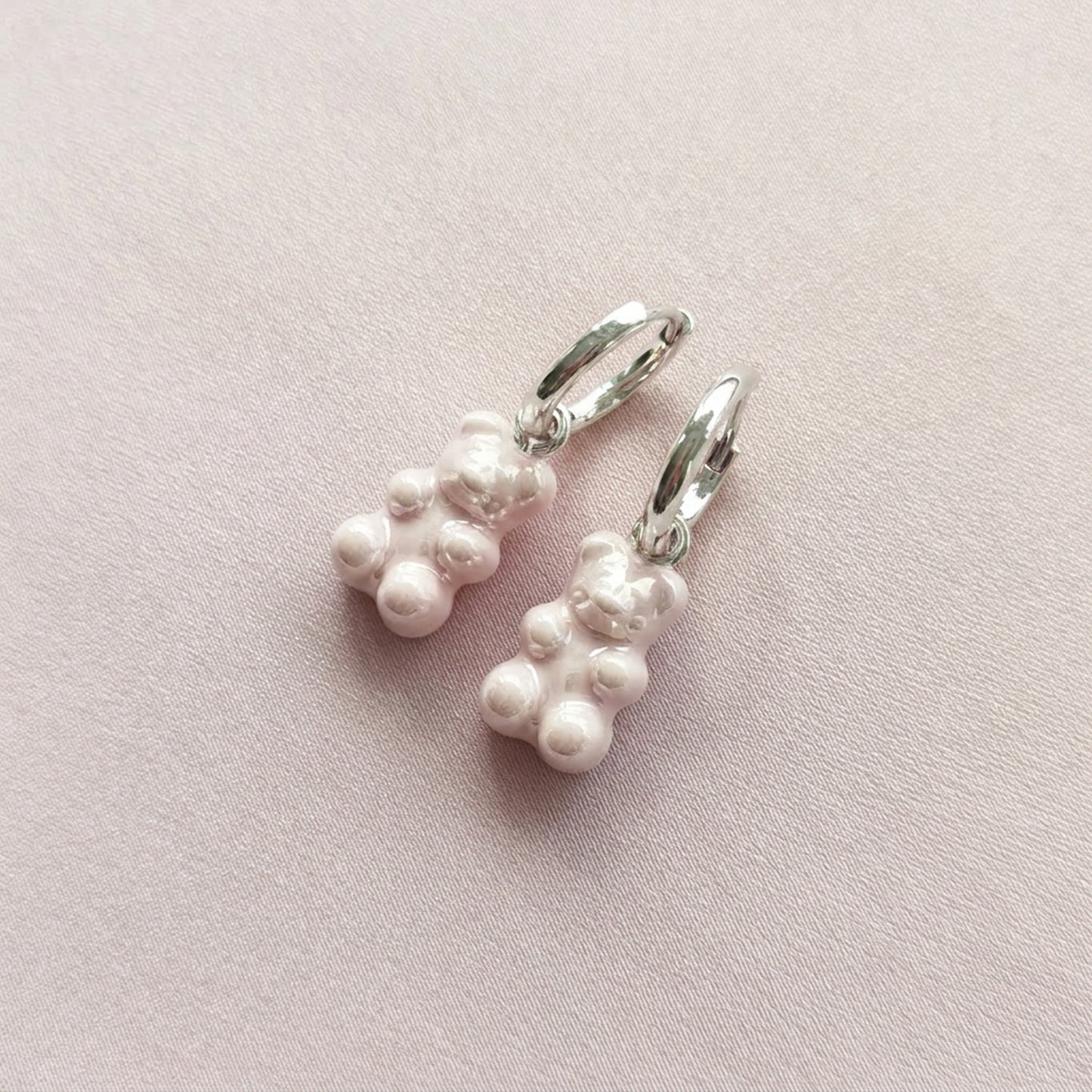 Sweet Pink Porcelain Gummy Bear Earrings, Silver Tone