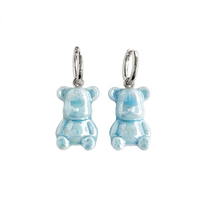 Baby Blue Porcelain Teddy Bear Earrings, Silver Tone
