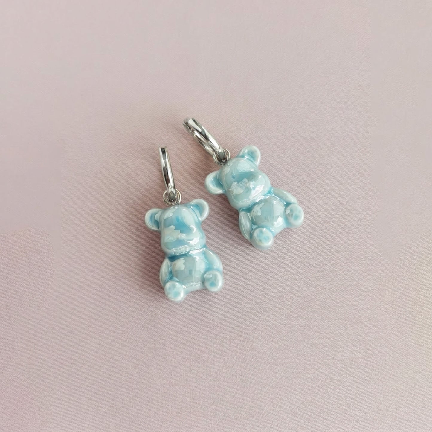 Baby Blue Porcelain Teddy Bear Earrings, Silver Tone