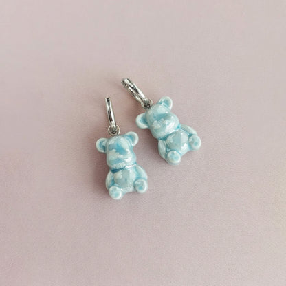 Baby Blue Porcelain Teddy Bear Earrings, Silver Tone