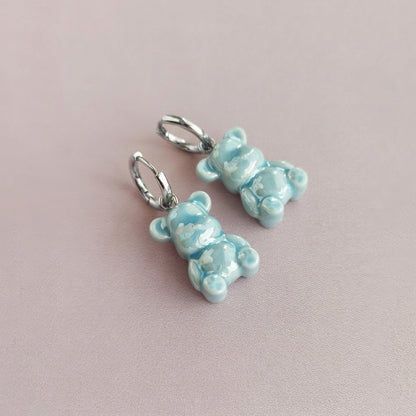 Baby Blue Porcelain Teddy Bear Earrings, Silver Tone