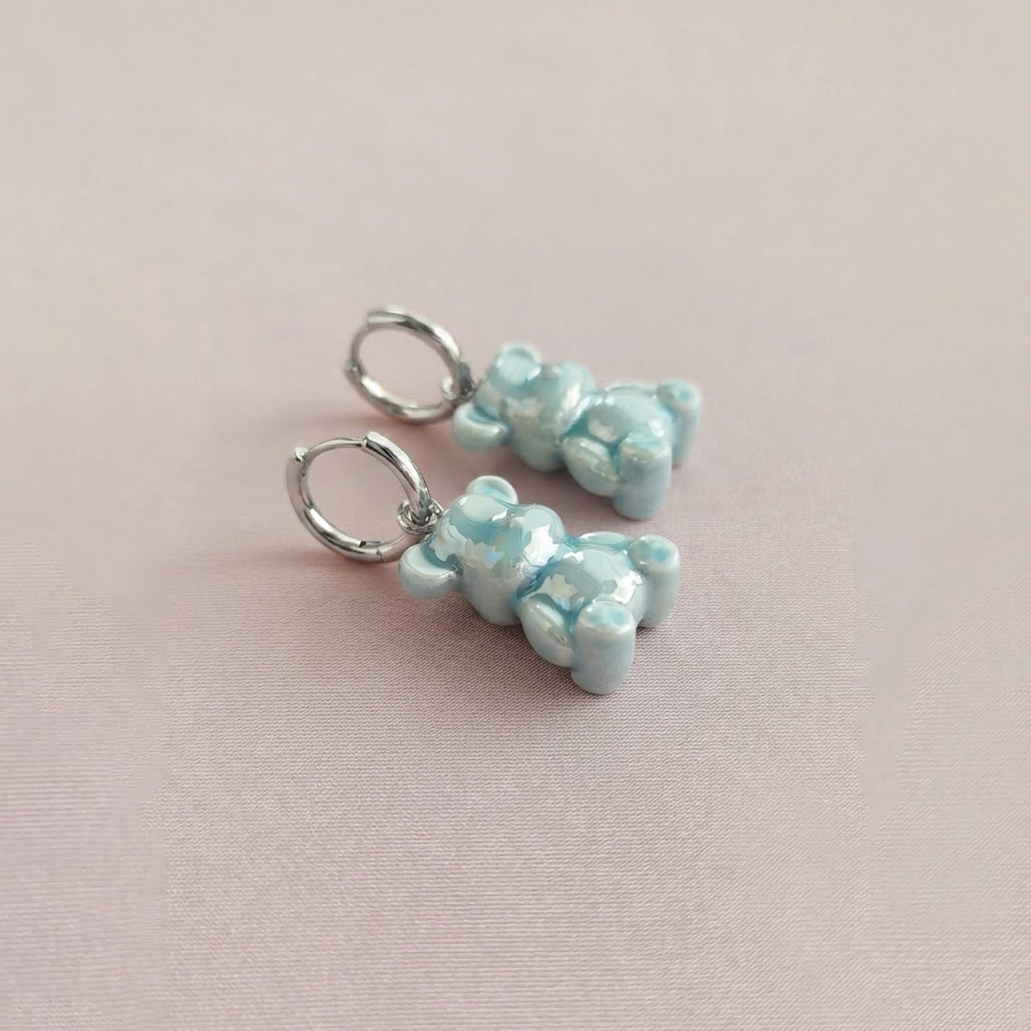 Baby Blue Porcelain Teddy Bear Earrings, Silver Tone