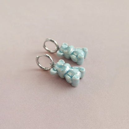 Baby Blue Porcelain Teddy Bear Earrings, Silver Tone