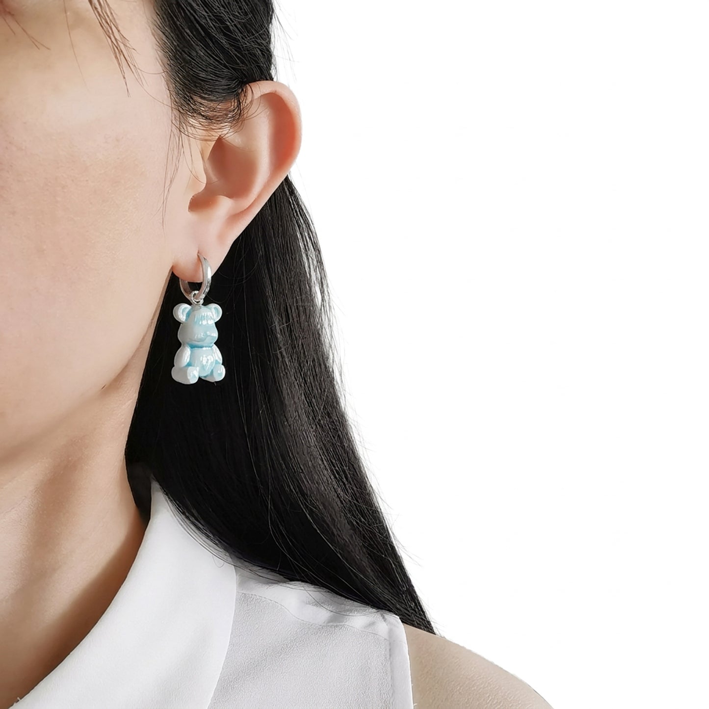 Baby Blue Porcelain Teddy Bear Earrings, Silver Tone