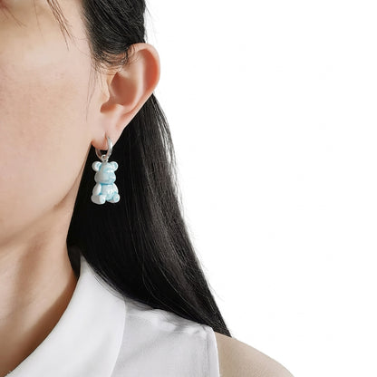 Baby Blue Porcelain Teddy Bear Earrings, Silver Tone