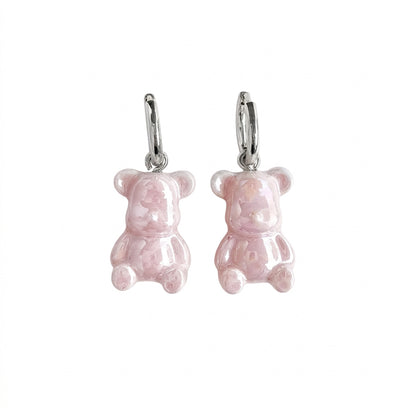 Baby Blue Porcelain Teddy Bear Earrings, Silver Tone