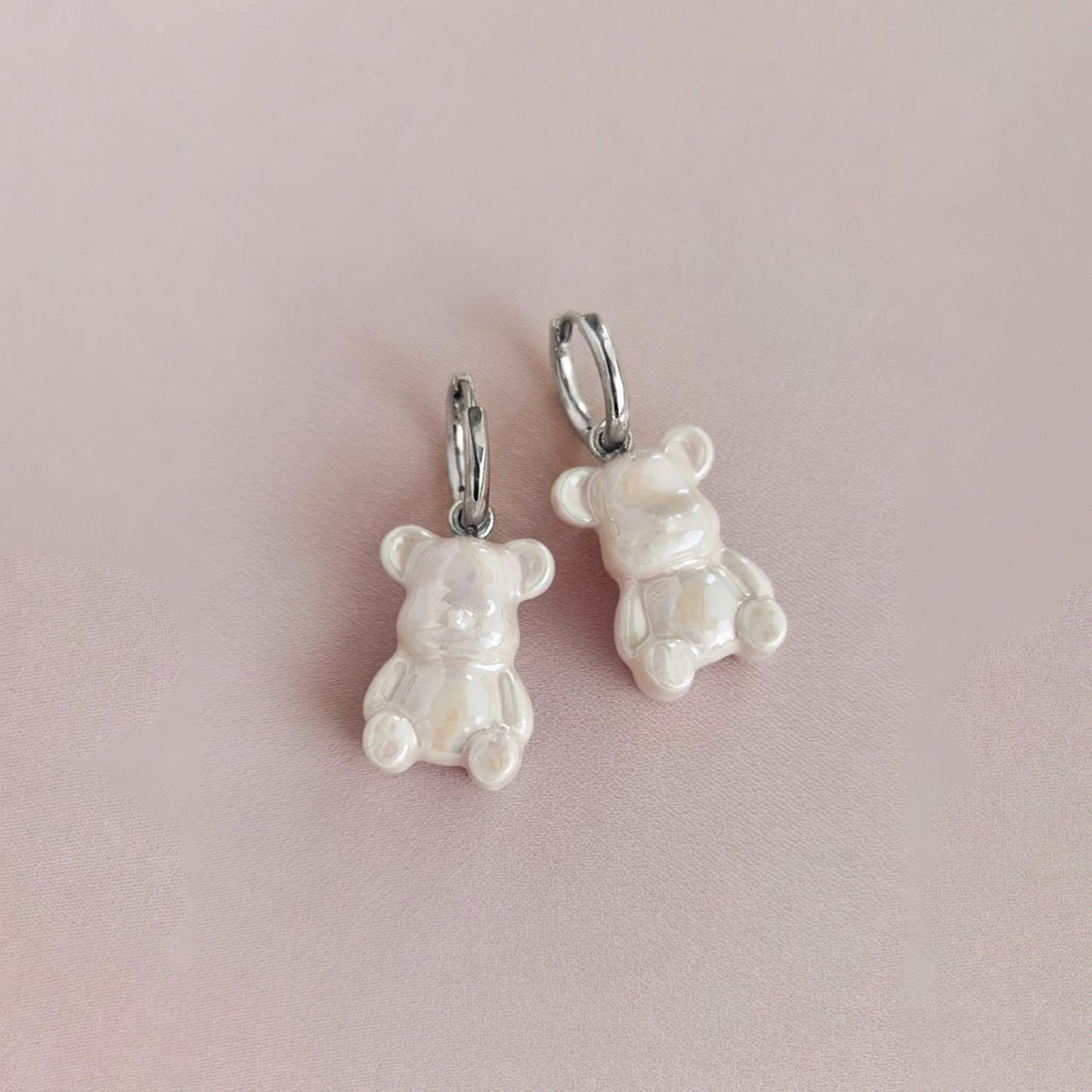 Sweet Pink Porcelain Teddy Bear Earrings, Silver Tone