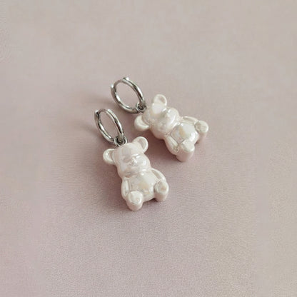 Sweet Pink Porcelain Teddy Bear Earrings, Silver Tone