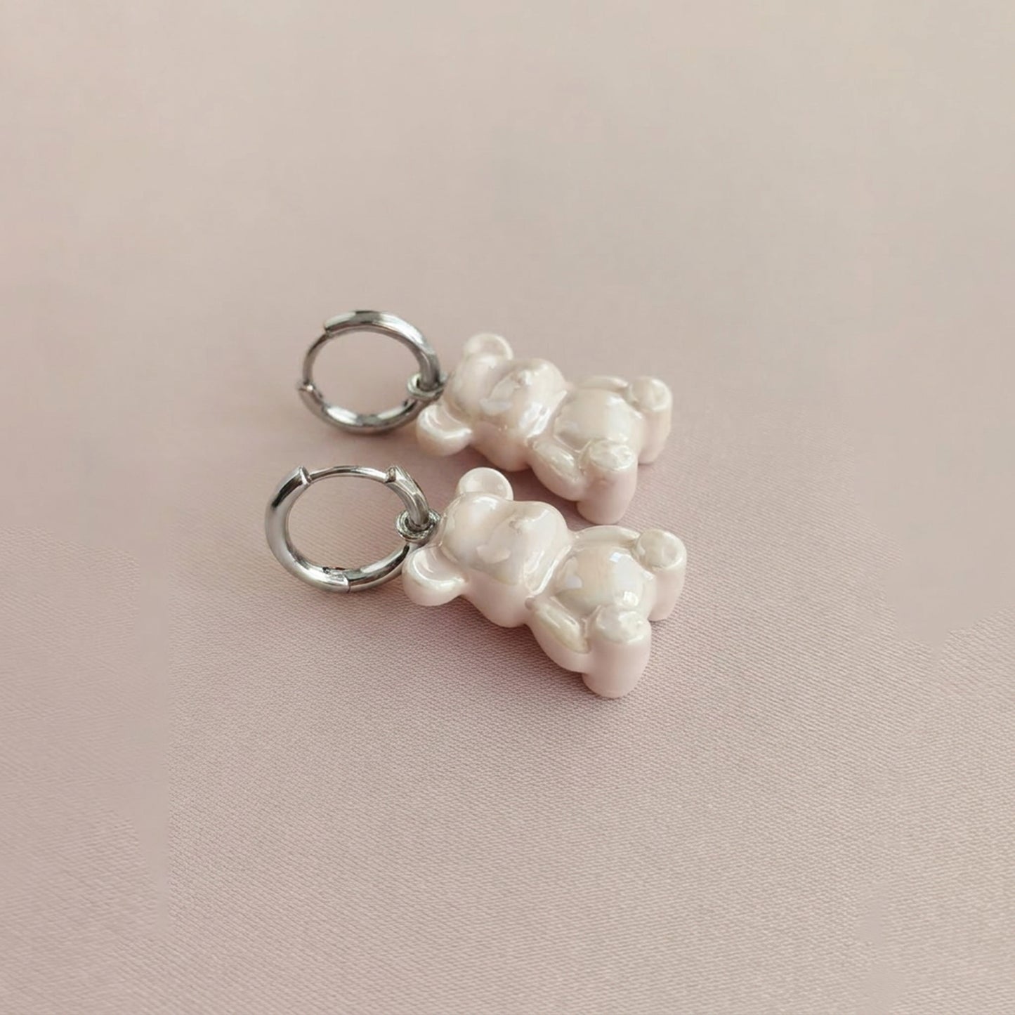 Sweet Pink Porcelain Teddy Bear Earrings, Silver Tone