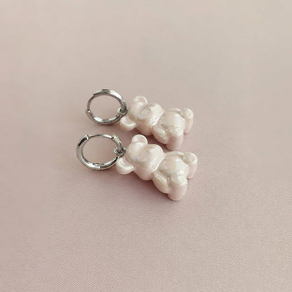 Sweet Pink Porcelain Teddy Bear Earrings, Silver Tone