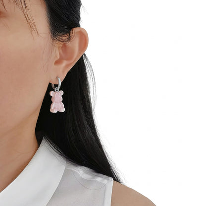 Sweet Pink Porcelain Teddy Bear Earrings, Silver Tone