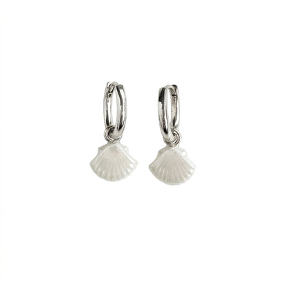 Mini Porcelain Seashell Earrings, Silver Tone
