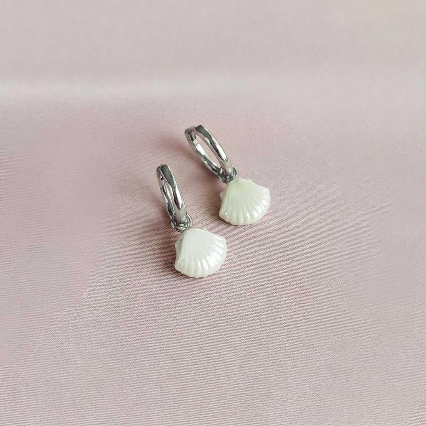 Mini Porcelain Seashell Earrings, Silver Tone
