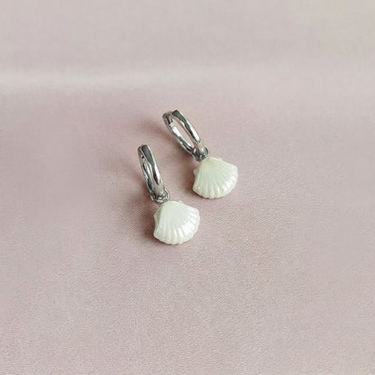 Mini Porcelain Seashell Earrings, Silver Tone