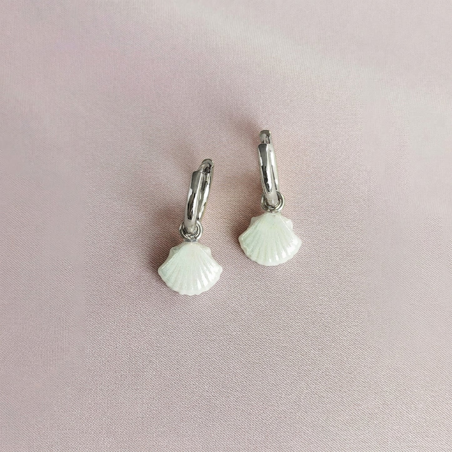 Mini Porcelain Seashell Earrings, Silver Tone