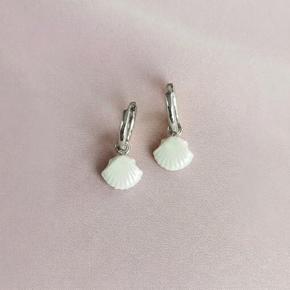 Mini Porcelain Seashell Earrings, Silver Tone