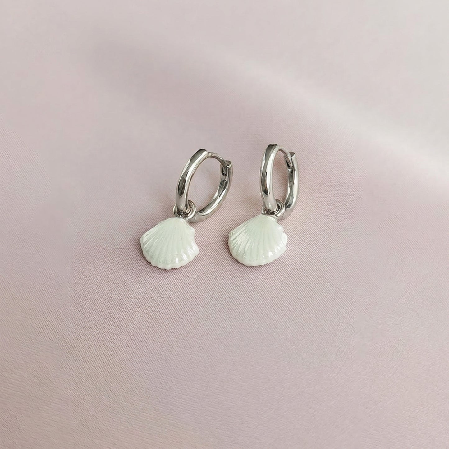 Mini Porcelain Seashell Earrings, Silver Tone