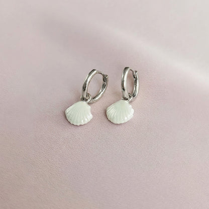 Mini Porcelain Seashell Earrings, Silver Tone