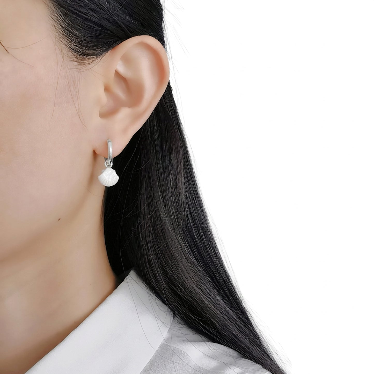 Mini Porcelain Seashell Earrings, Silver Tone