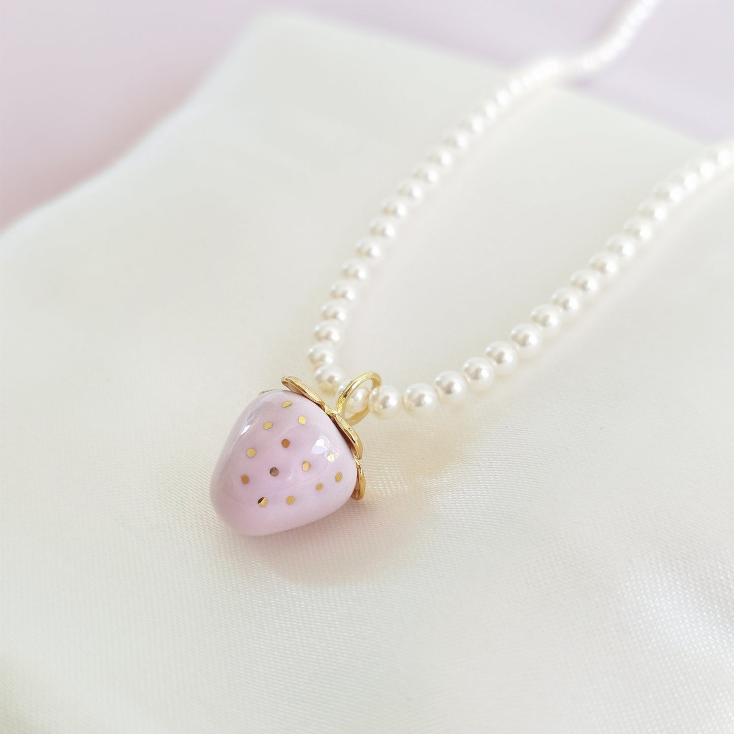 Mini Pink Porcelain Strawberry Pearl Necklace
