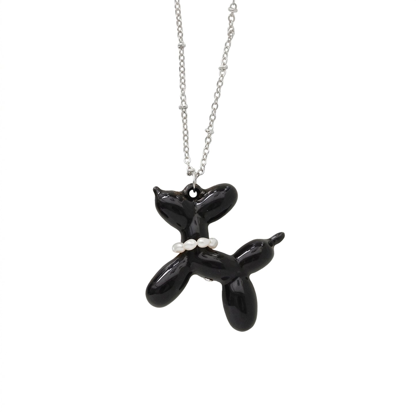 Black Porcelain Balloon Doggie Necklace, Silver Tone
