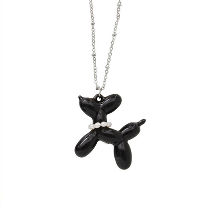 Black Porcelain Balloon Doggie Necklace, Silver Tone