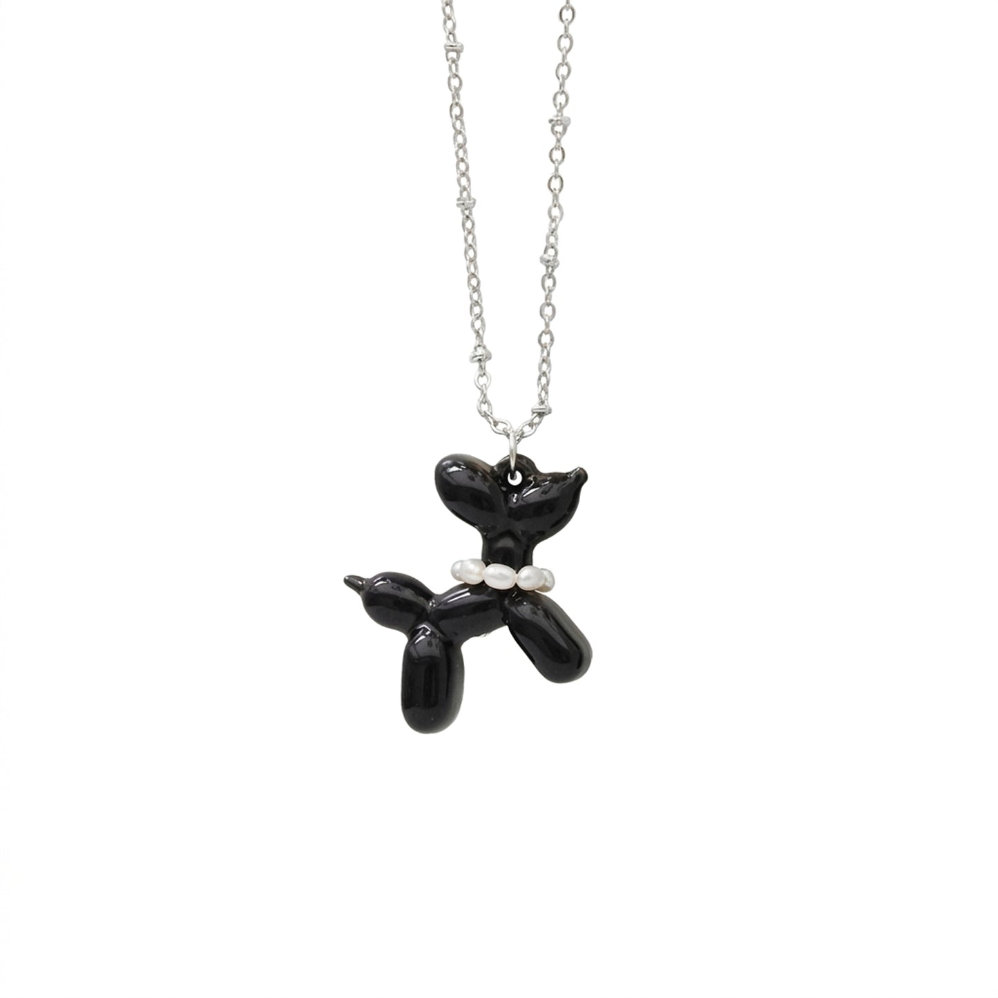 Black Porcelain Balloon Doggie Necklace, Silver Tone