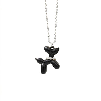 Black Porcelain Balloon Doggie Necklace, Silver Tone