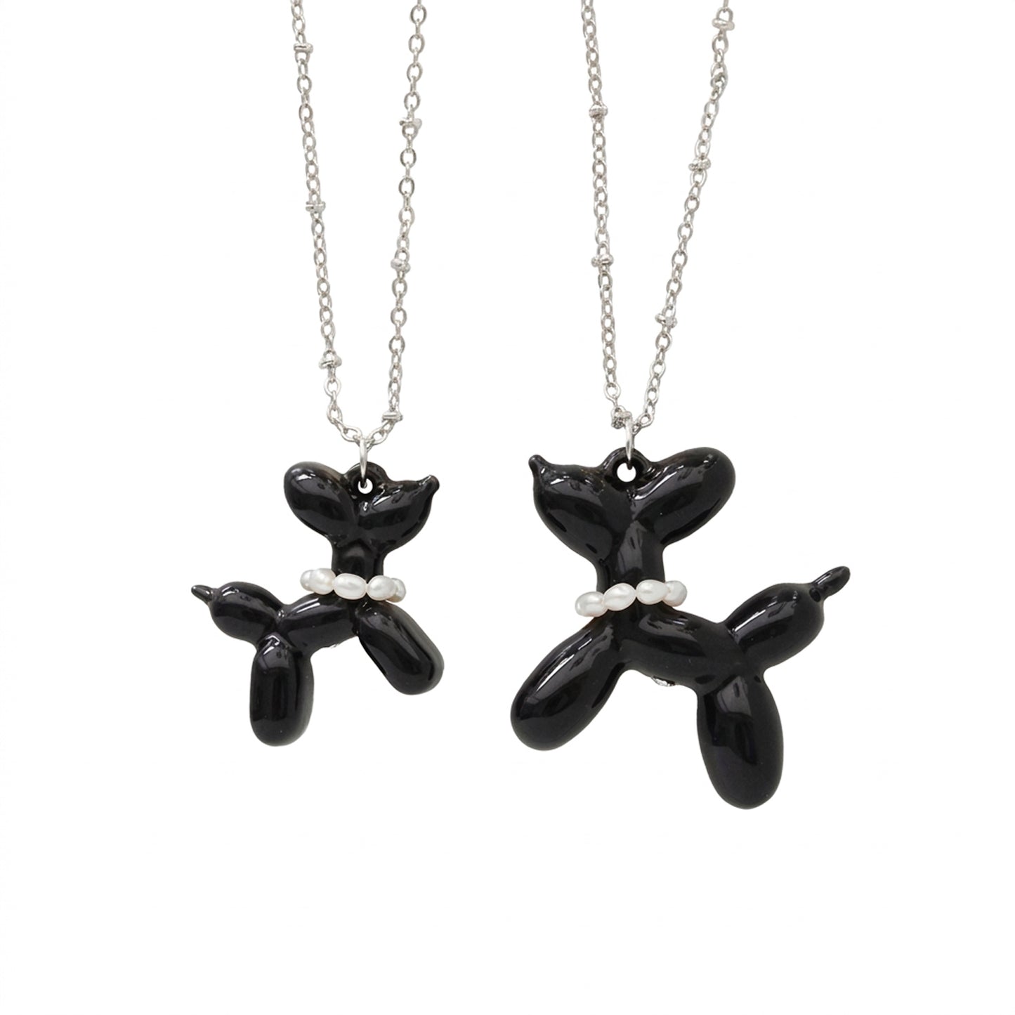 Black Porcelain Balloon Doggie Necklace, Silver Tone