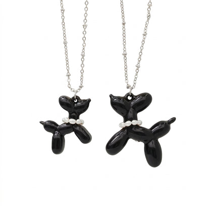 Black Porcelain Balloon Doggie Necklace, Silver Tone