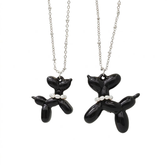Black Porcelain Balloon Doggie Necklace, Silver Tone