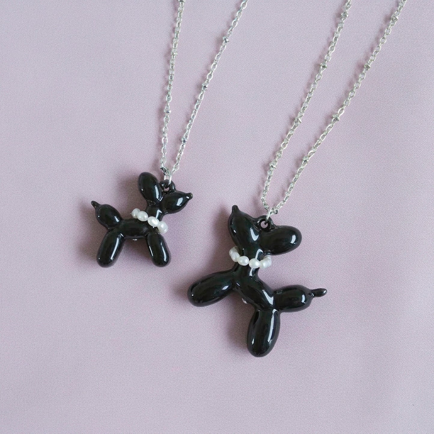 Black Porcelain Balloon Doggie Necklace, Silver Tone