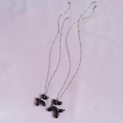 Black Porcelain Balloon Doggie Necklace, Silver Tone