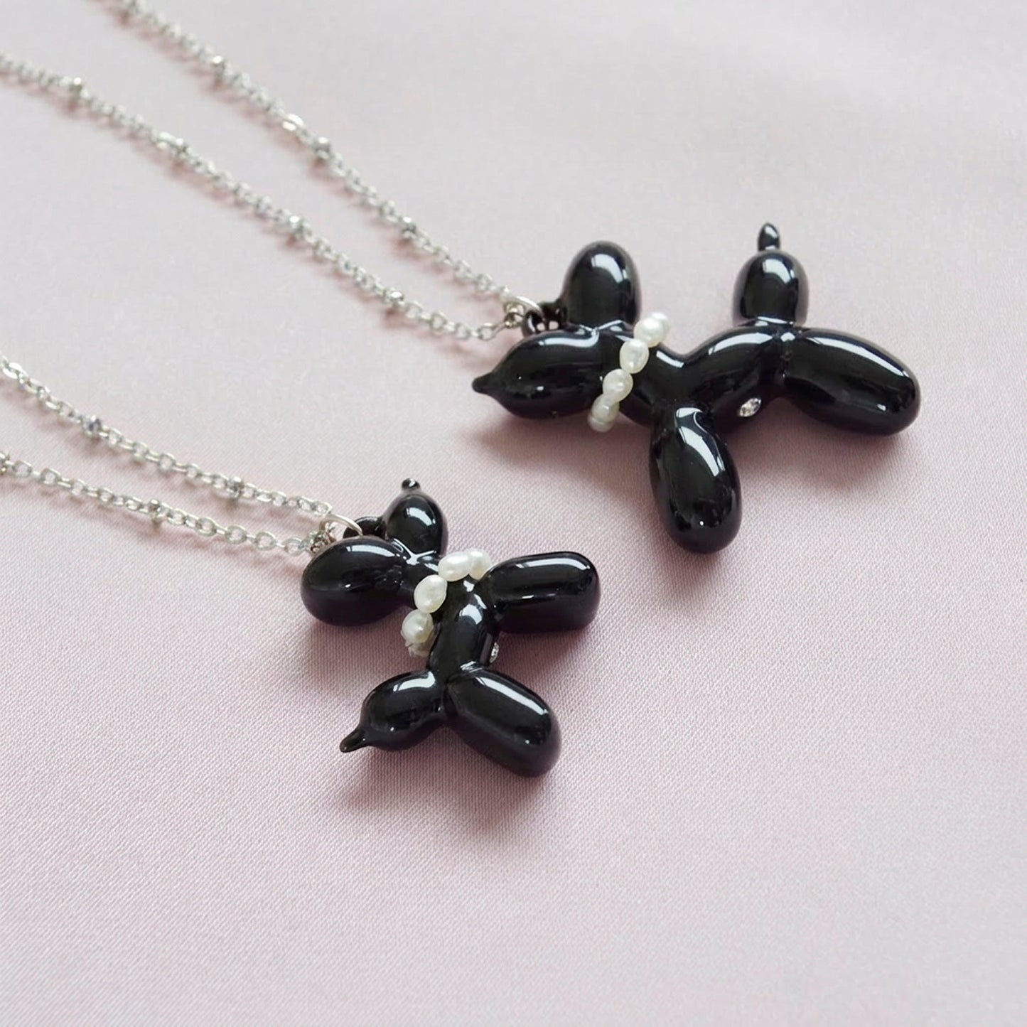 Black Porcelain Balloon Doggie Necklace, Silver Tone