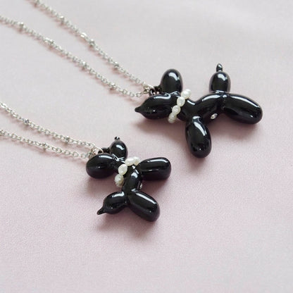 Black Porcelain Balloon Doggie Necklace, Silver Tone