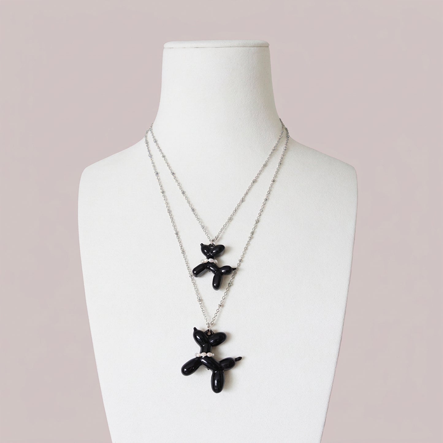 Black Porcelain Balloon Doggie Necklace, Silver Tone