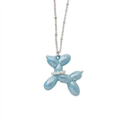 Baby Blue Porcelain Balloon Doggie Necklace, Silver Tone