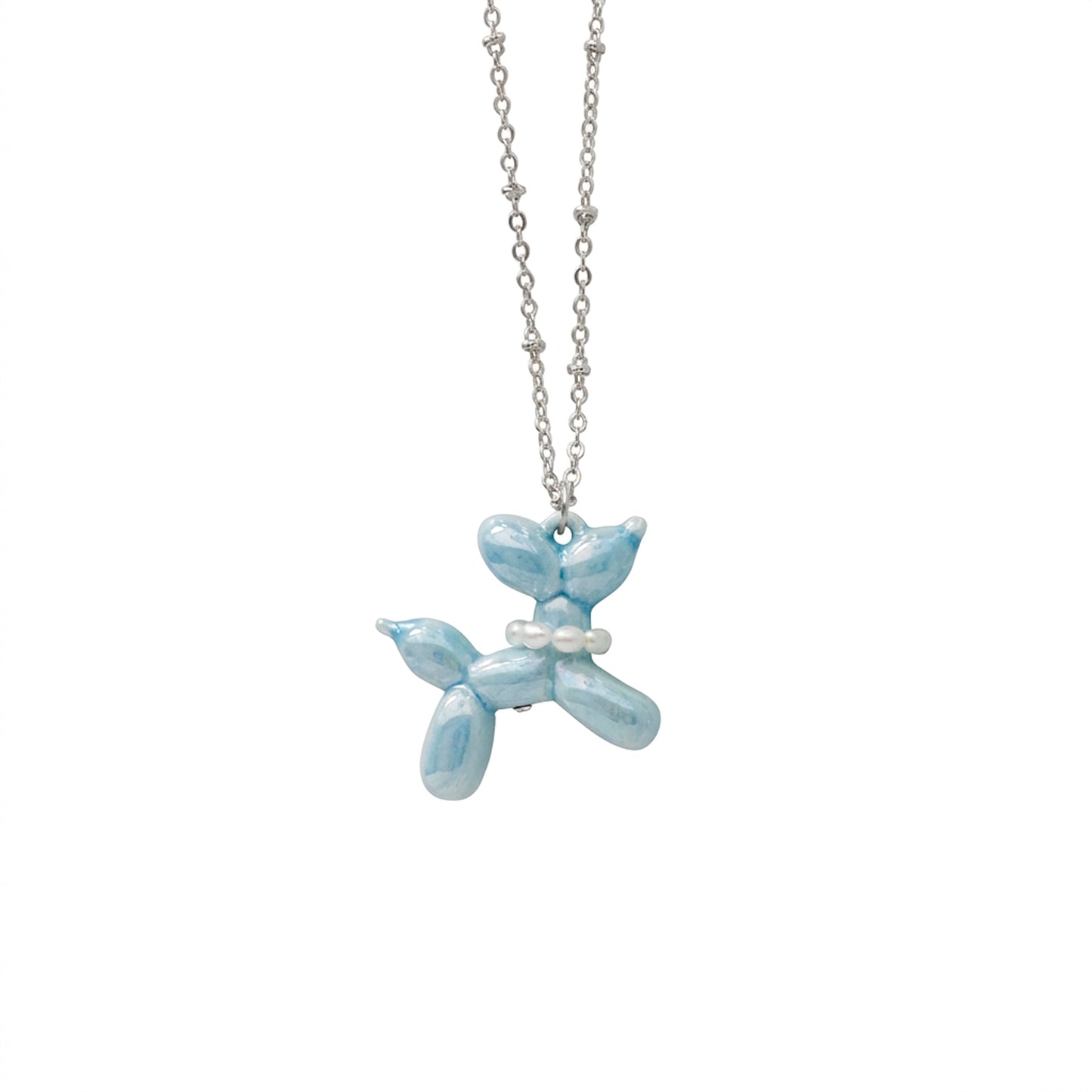 Baby Blue Porcelain Balloon Doggie Necklace, Silver Tone