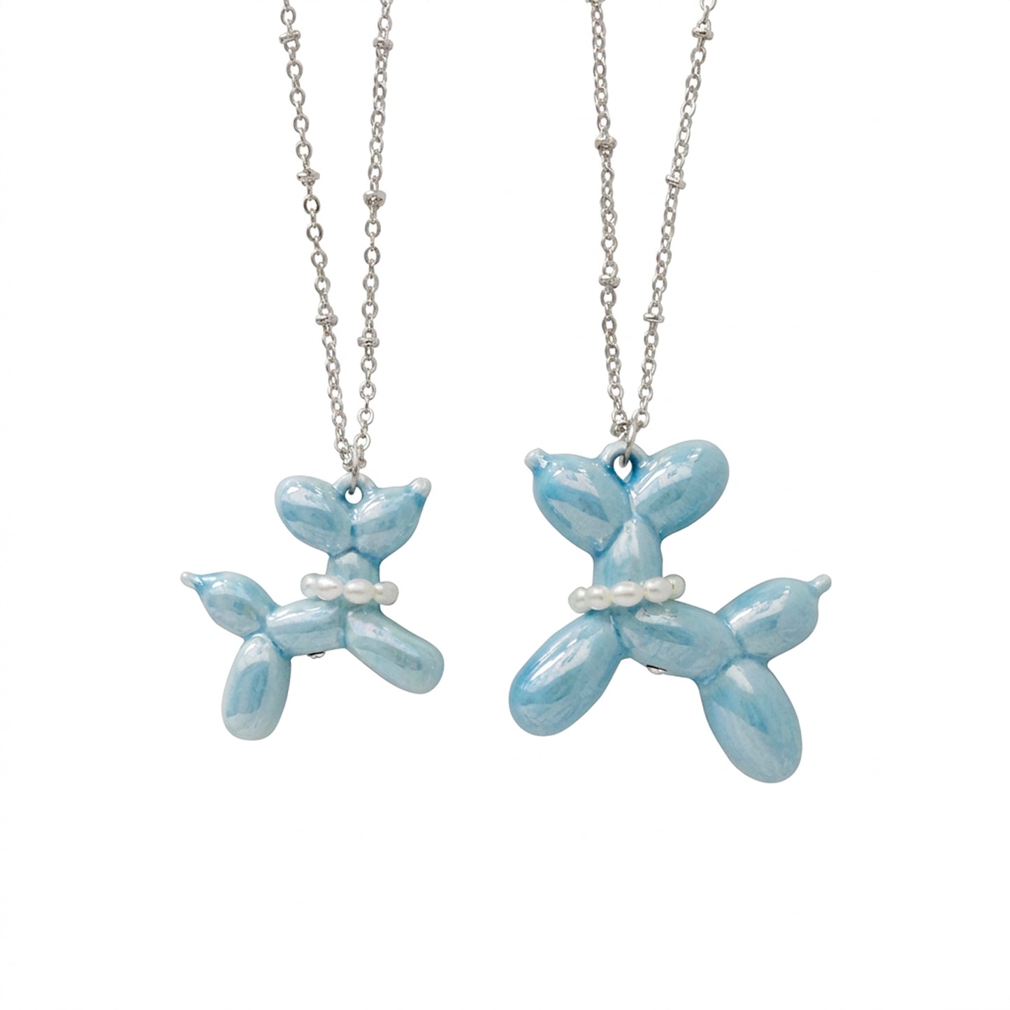Baby Blue Porcelain Balloon Doggie Necklace, Silver Tone