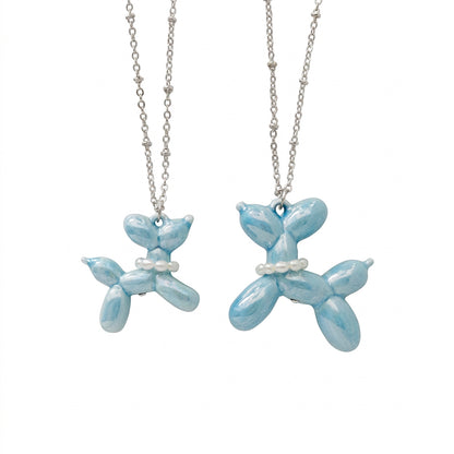 Baby Blue Porcelain Balloon Doggie Necklace, Silver Tone