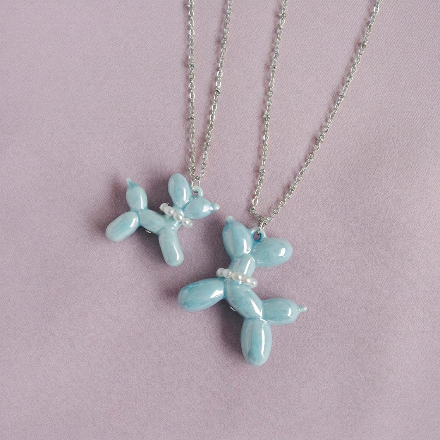 Baby Blue Porcelain Balloon Doggie Necklace, Silver Tone