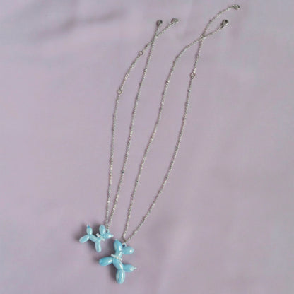 Baby Blue Porcelain Balloon Doggie Necklace, Silver Tone