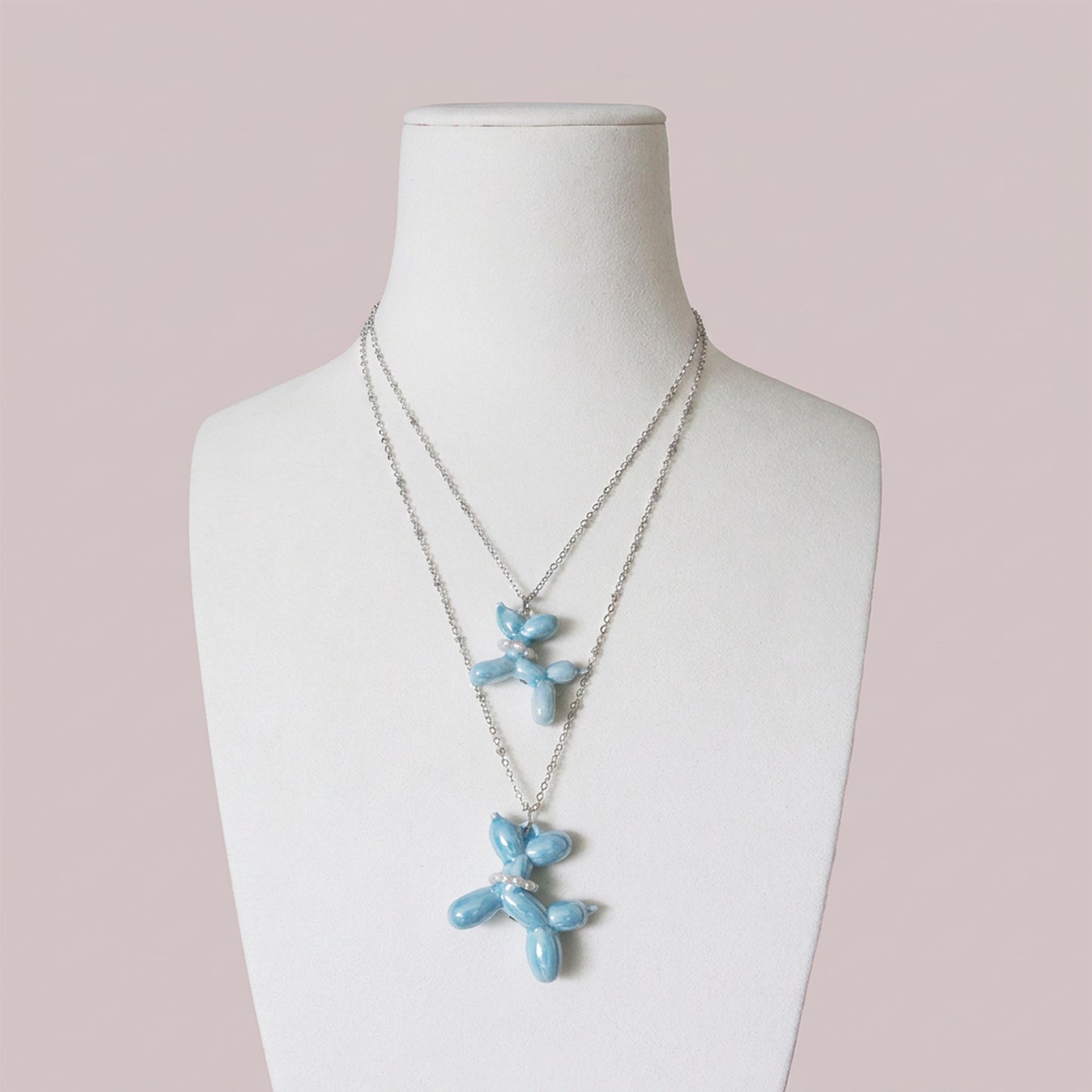 Baby Blue Porcelain Balloon Doggie Necklace, Silver Tone