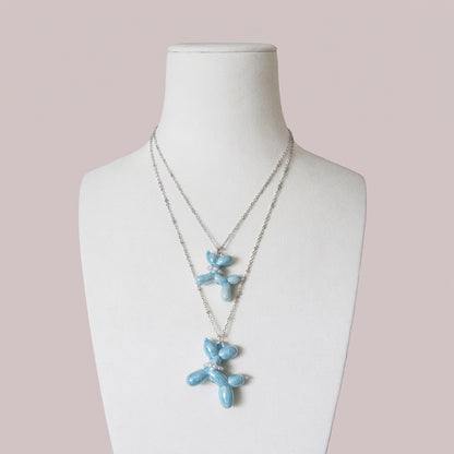 Baby Blue Porcelain Balloon Doggie Necklace, Silver Tone